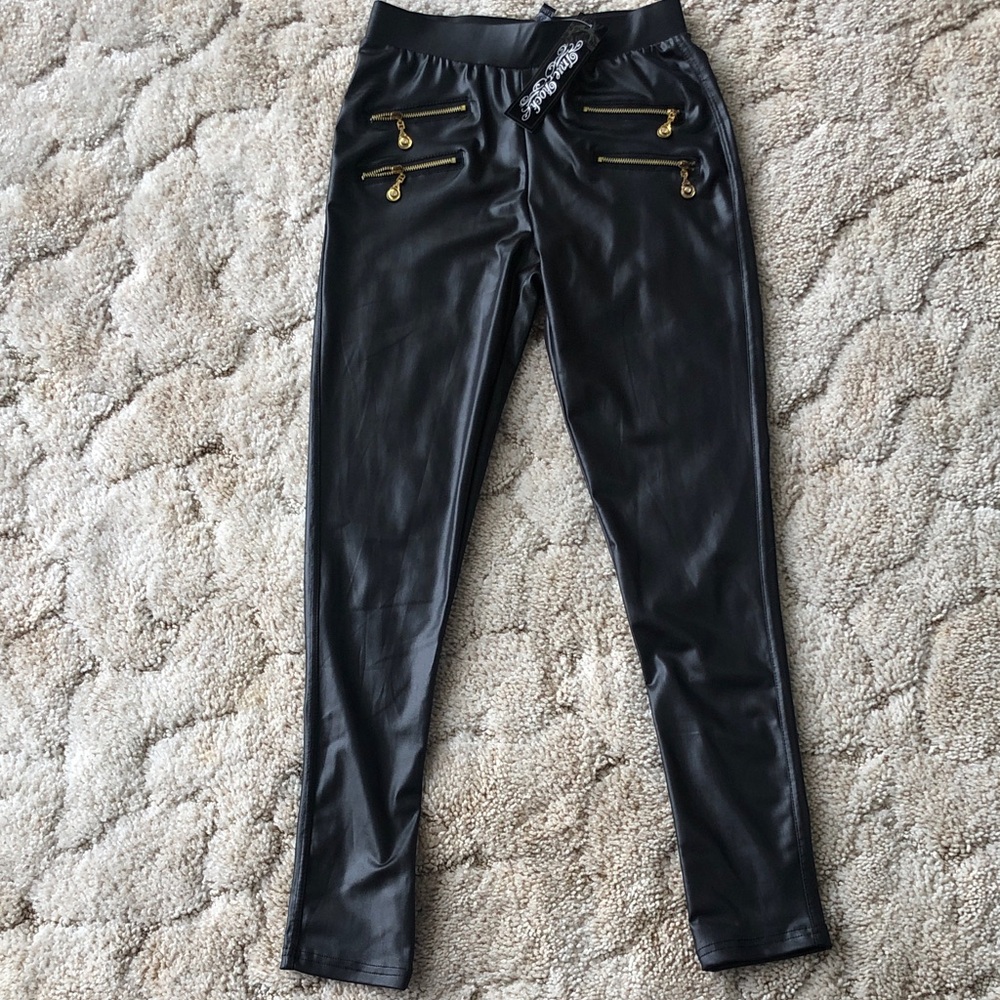 TRUE ROCK Black Faux Leather Pants with Gold Zippers